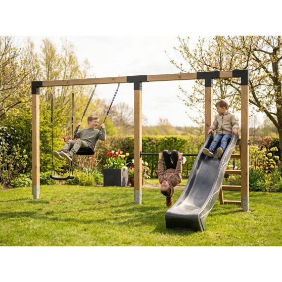 EXIT Linea Robust 110 Balan&ccedil;oire double en bois avec barre fixe et toboggan