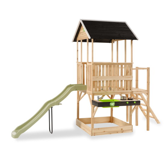 Maisonnette en bois avec toboggan, cuisine et bac à sable EXIT Panorama 550