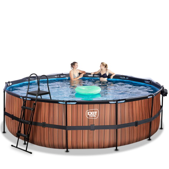 Piscine EXIT Wood &oslash;488x122cm avec pompe filtrante &agrave; sable et d&ocirc;me - marron