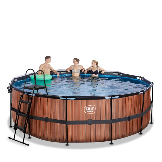 Piscine EXIT Wood ø427x122cm avec pompe filtrante à sable et dôme et pompe à chaleur - marron