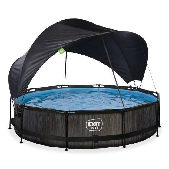 Piscine EXIT Black Wood ø360x76cm avec pompe filtrante et voile d'ombrage - noir