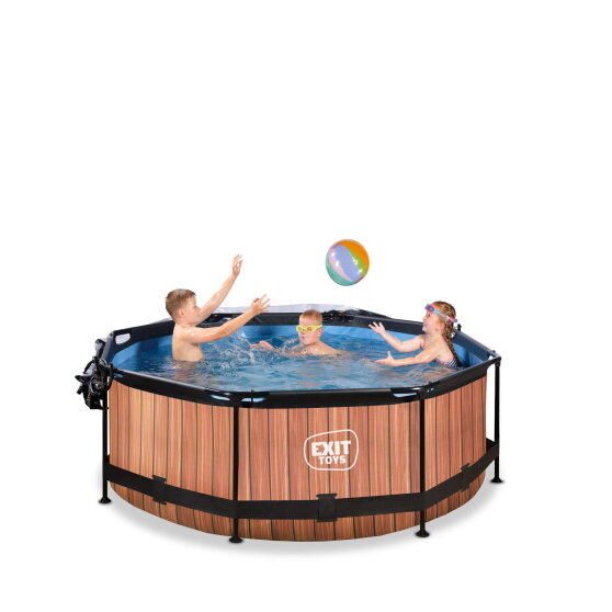Piscine EXIT Wood ø244x76cm avec pompe filtrante et dôme - marron