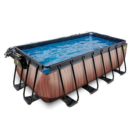 Piscine EXIT Wood 400x200x122cm avec pompe filtrante &agrave; sable et d&ocirc;me et pompe &agrave; chaleur - marron