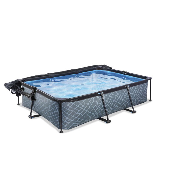 Piscine EXIT Stone 300x200x65cm avec pompe filtrante et d&ocirc;me et voile d'ombrage - grise