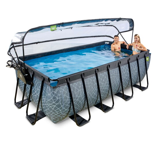 Piscine EXIT Stone 400x200x122cm avec pompe filtrante à sable et dôme et pompe à chaleur - grise