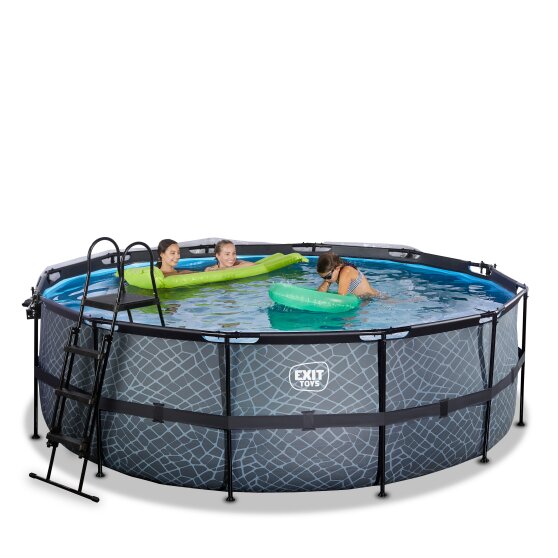 Piscine EXIT Stone ø427x122cm avec pompe filtrante à sable et dôme et pompe à chaleur - grise
