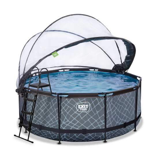 Piscine EXIT Stone ø360x122cm avec pompe filtrante à sable et dôme et pompe à chaleur - grise