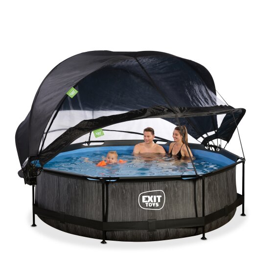 Piscine EXIT Black Wood ø300x76cm avec pompe filtrante et dôme et voile d'ombrage - noir