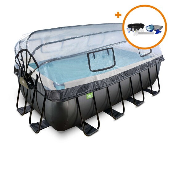 Piscine EXIT Black Leather 400x200x122cm avec pompe filtrante &agrave; sable et d&ocirc;me et kit d'accessoires - noir