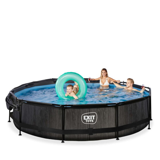 Piscine EXIT Black Wood &oslash;360x76cm avec pompe filtrante et voile d'ombrage - noir