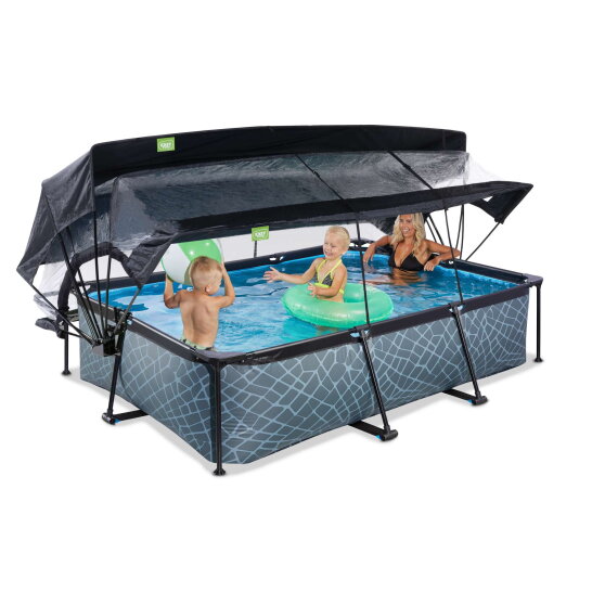 Piscine EXIT Stone 300x200x65cm avec pompe filtrante et d&ocirc;me et voile d'ombrage - grise