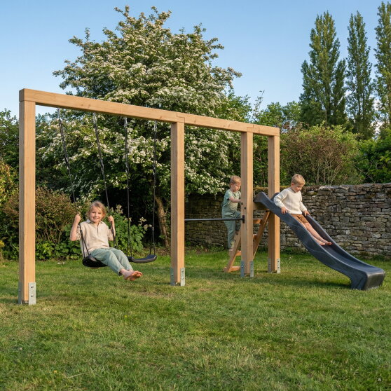 EXIT Linea Massiv 140 Balan&ccedil;oire double en bois avec barre fixe et toboggan
