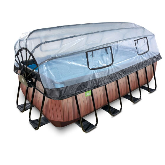Piscine EXIT Wood 400x200x122cm avec pompe filtrante &agrave; sable et d&ocirc;me et pompe &agrave; chaleur - marron
