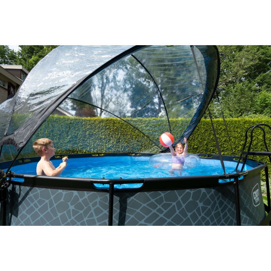 Piscine EXIT Stone ø427x122cm avec pompe filtrante à sable et dôme et pompe à chaleur - grise