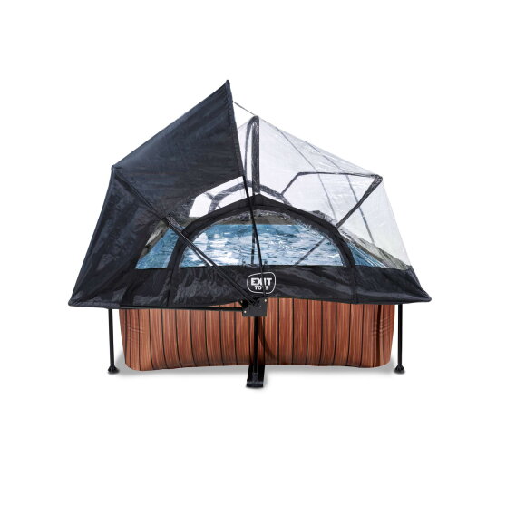 Piscine EXIT Wood 220x150x65cm avec pompe filtrante et d&ocirc;me et voile d'ombrage - marron