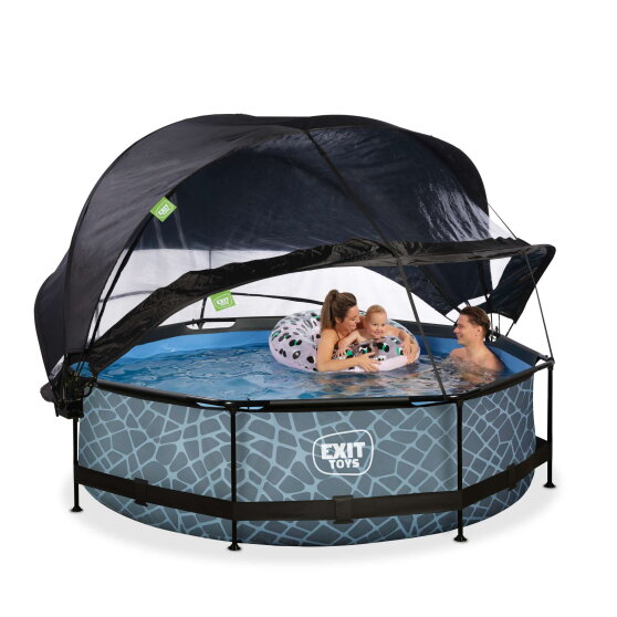 Piscine EXIT Stone &oslash;300x76cm avec pompe filtrante et d&ocirc;me et voile d'ombrage - grise
