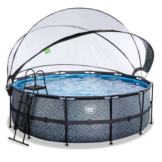 Piscine EXIT Stone ø427x122cm avec pompe filtrante à sable et dôme et pompe à chaleur - grise