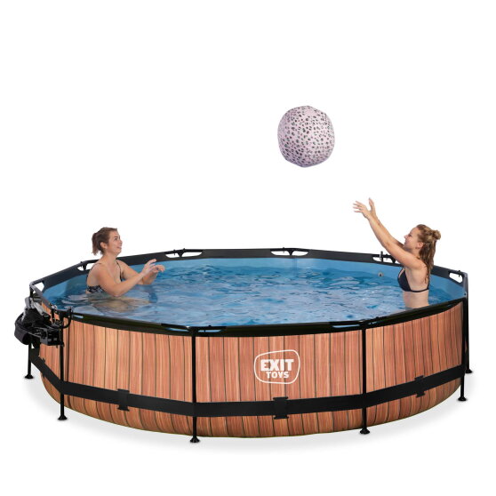 Piscine EXIT Wood &oslash;360x76cm avec pompe filtrante et d&ocirc;me et voile d'ombrage - marron