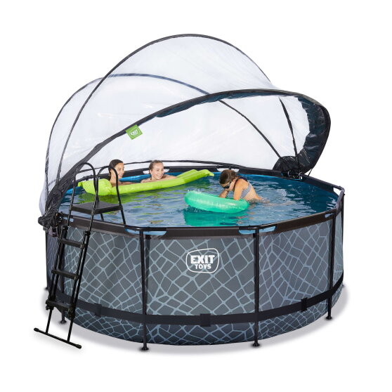 Piscine EXIT Stone &oslash;360x122cm avec pompe filtrante &agrave; sable et d&ocirc;me et pompe &agrave; chaleur - grise