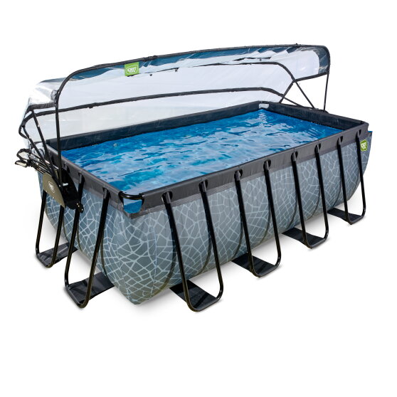 Piscine EXIT Stone 400x200x122cm avec pompe filtrante à sable et dôme et pompe à chaleur - grise