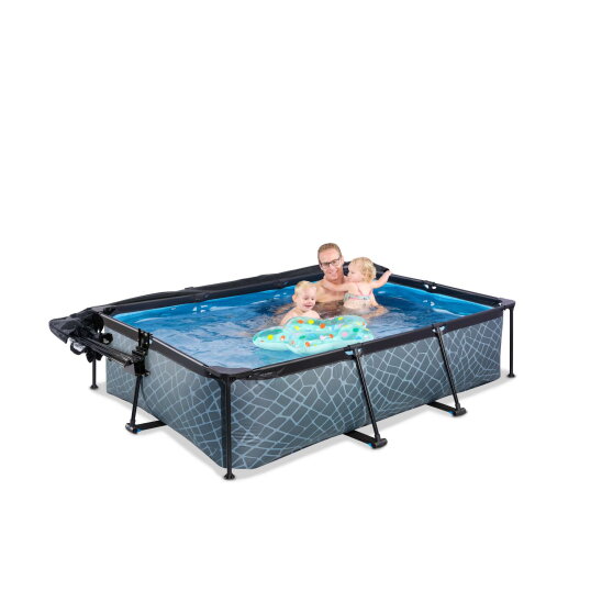 Piscine EXIT Stone 220x150x65cm avec pompe filtrante et dôme et voile d'ombrage - grise