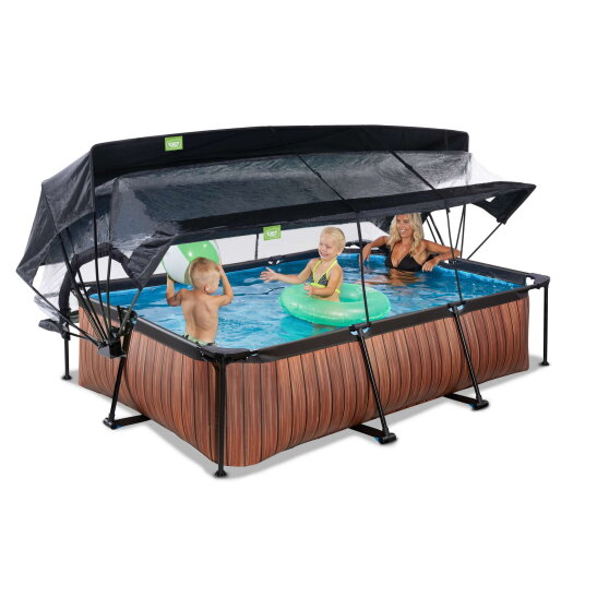 Piscine EXIT Wood 300x200x65cm avec pompe filtrante et dôme et voile d'ombrage - marron