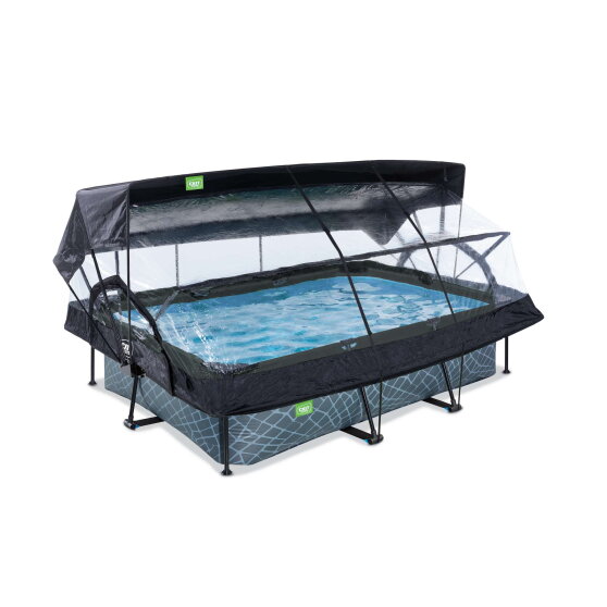 Piscine EXIT Stone 220x150x65cm avec pompe filtrante et dôme et voile d'ombrage - grise