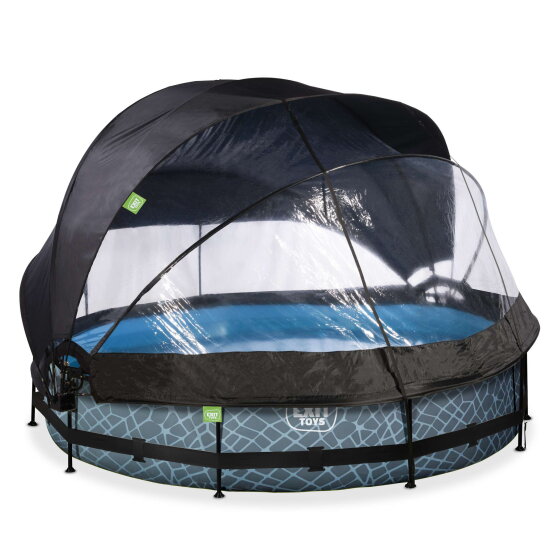 Piscine EXIT Stone &oslash;360x76cm avec pompe filtrante et d&ocirc;me et voile d'ombrage - grise
