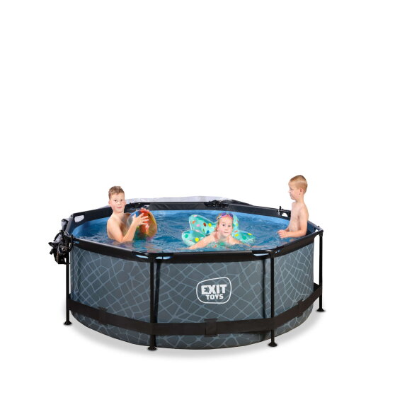Piscine EXIT Stone ø244x76cm avec pompe filtrante et dôme - grise
