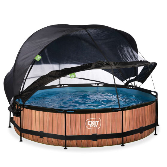 Piscine EXIT Wood &oslash;360x76cm avec pompe filtrante et d&ocirc;me et voile d'ombrage - marron