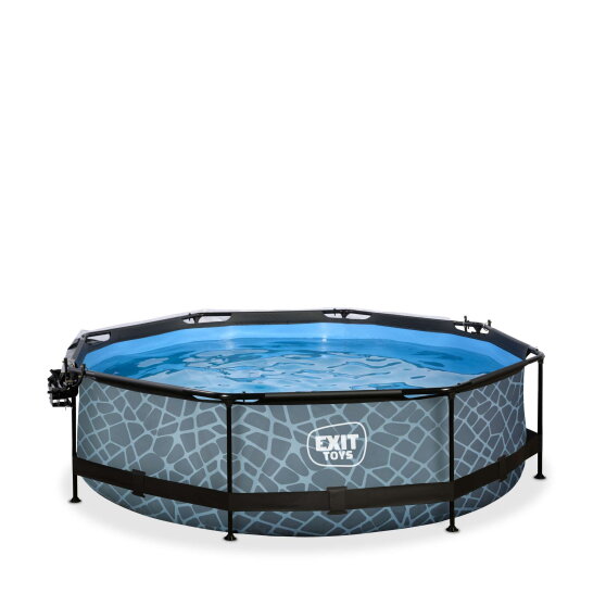 Piscine EXIT Stone &oslash;300x76cm avec pompe filtrante et d&ocirc;me et voile d'ombrage - grise