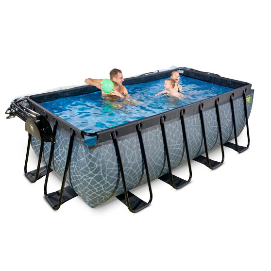 Piscine EXIT Stone 400x200x122cm avec pompe filtrante à sable et dôme et pompe à chaleur - grise