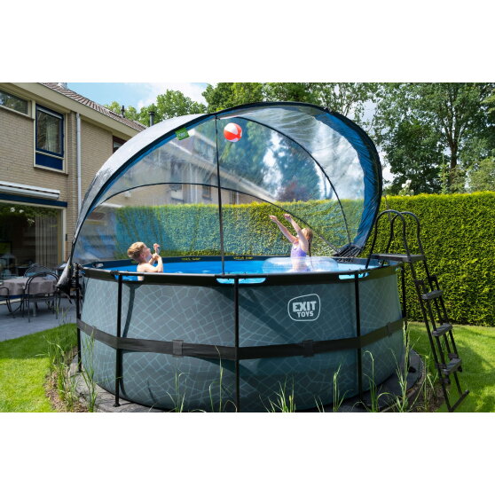 Piscine EXIT Stone &oslash;427x122cm avec pompe filtrante &agrave; sable et d&ocirc;me et pompe &agrave; chaleur - grise