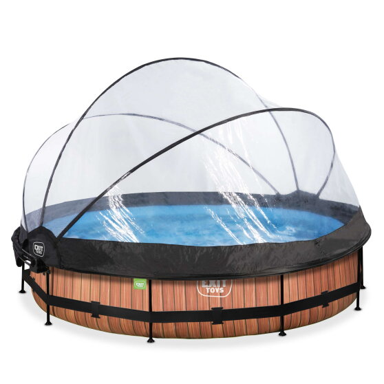 Piscine EXIT Wood &oslash;360x76cm avec pompe filtrante et d&ocirc;me et voile d'ombrage - marron