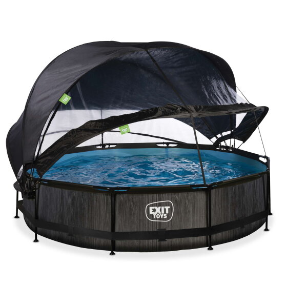 Piscine EXIT Black Wood &oslash;360x76cm avec pompe filtrante et d&ocirc;me et voile d'ombrage - noir