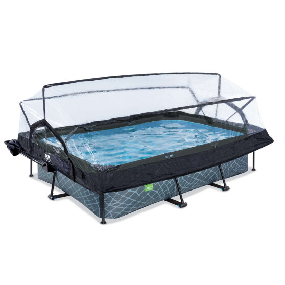 Piscine EXIT Stone 300x200x65cm avec pompe filtrante et d&ocirc;me et voile d'ombrage - grise