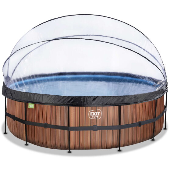 Piscine EXIT Wood &oslash;488x122cm avec pompe filtrante &agrave; sable et d&ocirc;me - marron