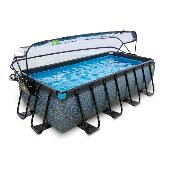 Piscine EXIT Stone 400x200x100cm avec pompe filtrante &agrave; sable et d&ocirc;me et pompe &agrave; chaleur - grise