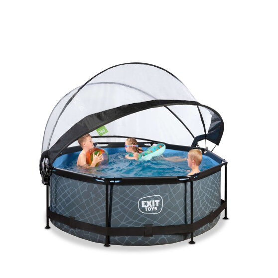 Piscine EXIT Stone ø244x76cm avec pompe filtrante et dôme - grise