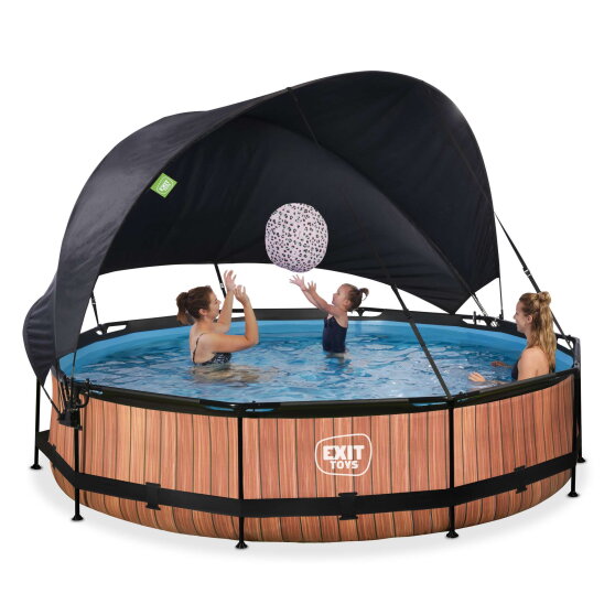 Piscine EXIT Wood &oslash;360x76cm avec pompe filtrante et voile d'ombrage - marron