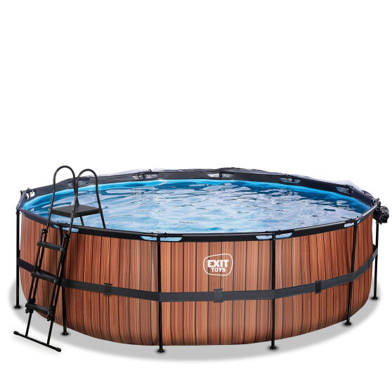 Piscine EXIT Wood &oslash;450x122cm avec pompe filtrante &agrave; sable et d&ocirc;me et pompe &agrave; chaleur - marron