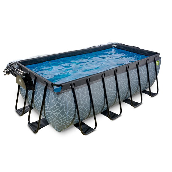 Piscine EXIT Stone 400x200x122cm avec pompe filtrante à sable et dôme et pompe à chaleur - grise