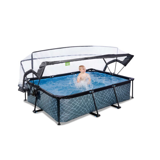 Piscine EXIT Stone 220x150x65cm avec pompe filtrante et d&ocirc;me - grise