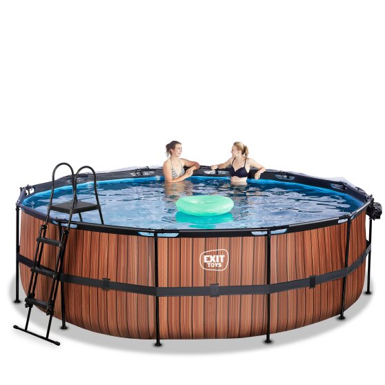 Piscine EXIT Wood ø450x122cm avec pompe filtrante à sable et dôme et pompe à chaleur - marron