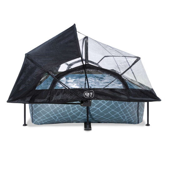 Piscine EXIT Stone 300x200x65cm avec pompe filtrante et d&ocirc;me et voile d'ombrage - grise
