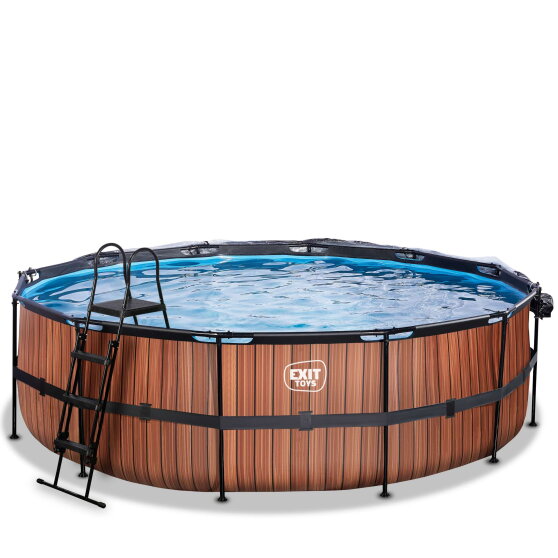 Piscine EXIT Wood ø488x122cm avec pompe filtrante à sable et dôme et pompe à chaleur - marron