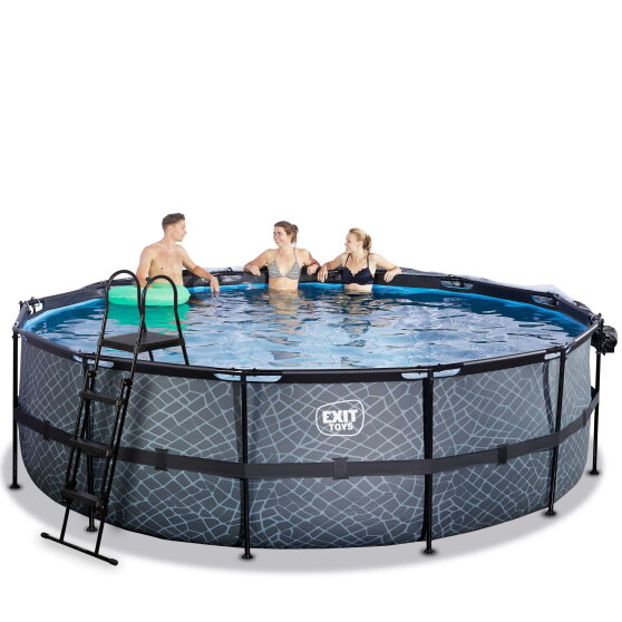 Piscine EXIT Stone ø488x122cm avec pompe filtrante à sable et dôme et pompe à chaleur - grise