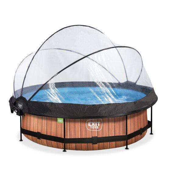 Piscine EXIT Wood ø300x76cm avec pompe filtrante et dôme et voile d'ombrage - marron