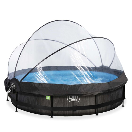 Piscine EXIT Black Wood ø360x76cm avec pompe filtrante et dôme et voile d'ombrage - noir