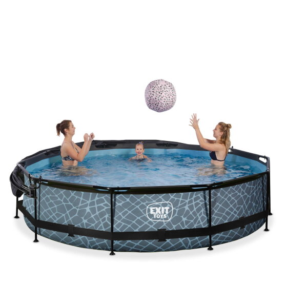 Piscine EXIT Stone &oslash;360x76cm avec pompe filtrante et voile d'ombrage - grise